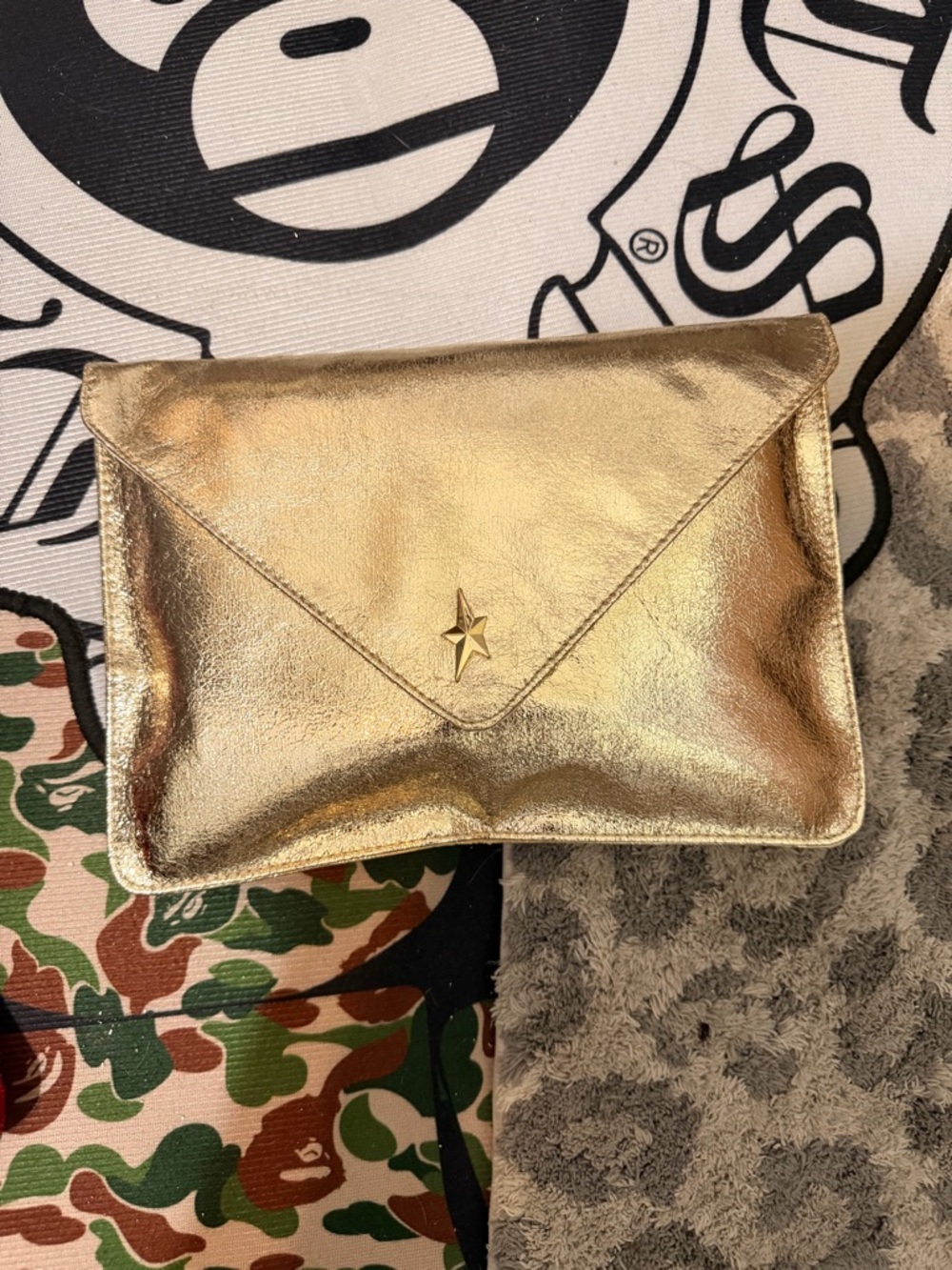 Thierry Mugler Metallic Gold Star Envelope Clutch